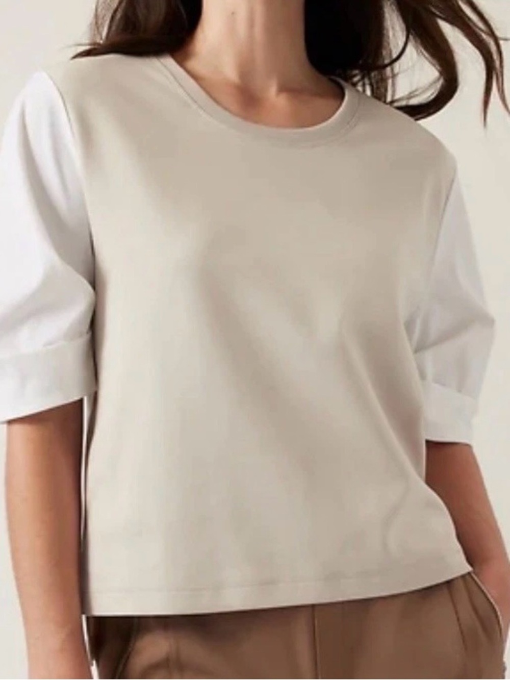 Athleta Harlow Hybrid Tee Abalone White Mixed Media Puff Sleeve Top Size XS/S
